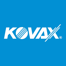 Logo de Kovax sur fond bleu, avec le nom écrit en blanc et des lignes graphiques.